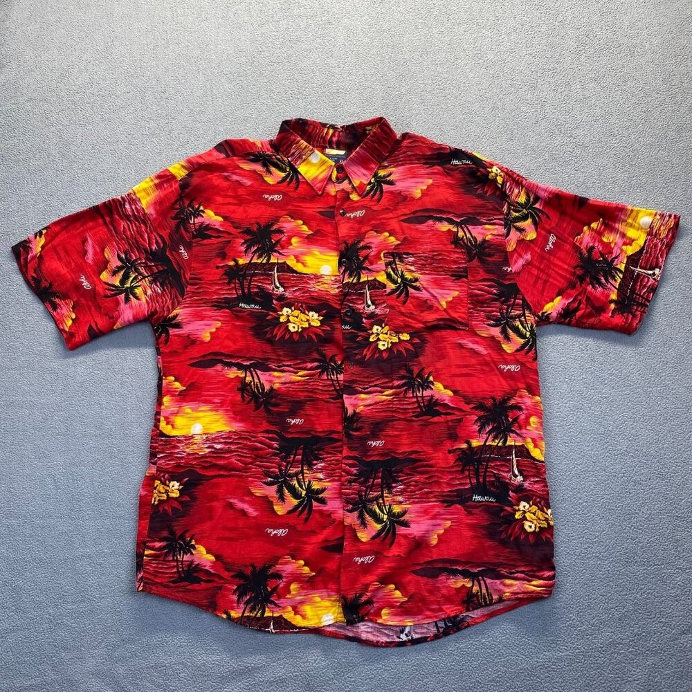 212 NYC  Hawaiian Men Button-Up Shirt Red Sunset Aloha Palm,Size XL,Rayon,Safari